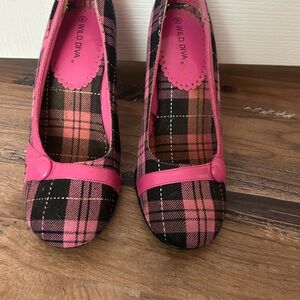 Wild Diva Pink and Black Plaid Heels